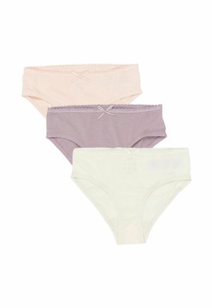 Sæt med tre bomuldsunderbukser i lyserød, lavendel og cremefarvede nuancer. Hver har en blondekant og en lille sløjfepynt foran.