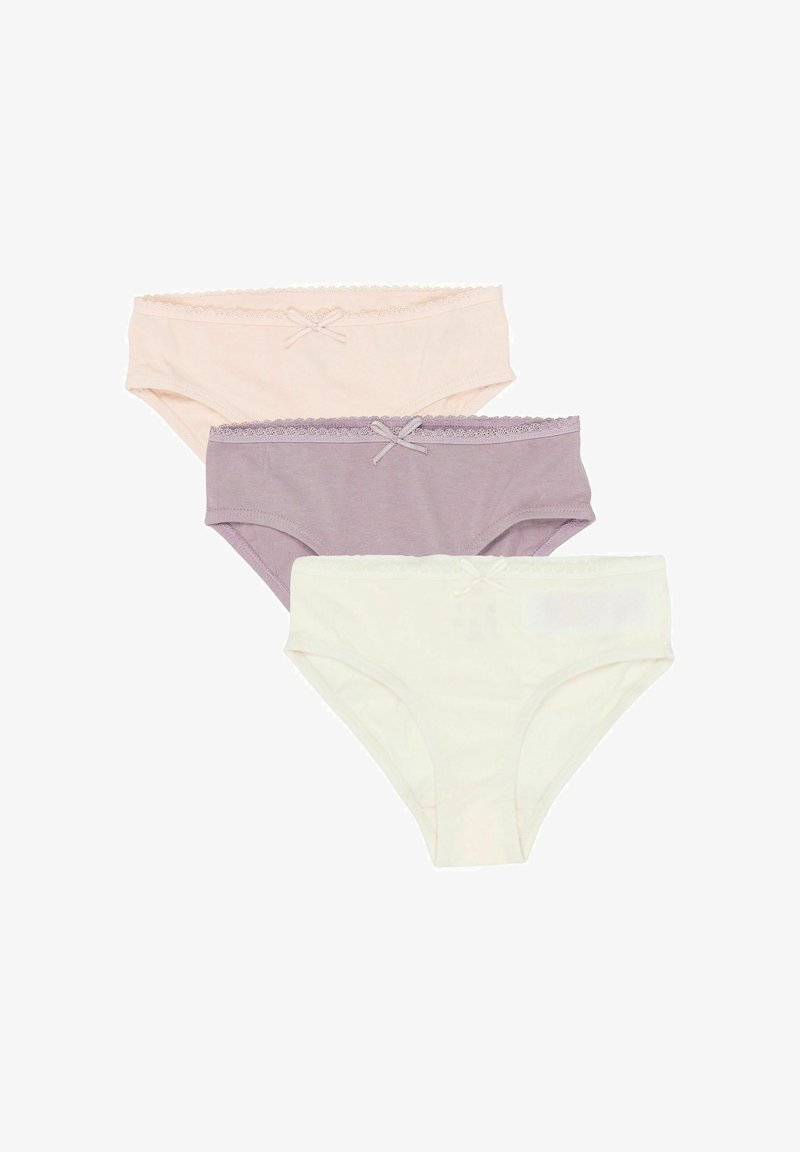 Nabor treh bombažnih hlačk v svetlo roza, sivkini in krem barvi. Vsak par ima čipkasto obrobo in majhen lok na sprednji strani.