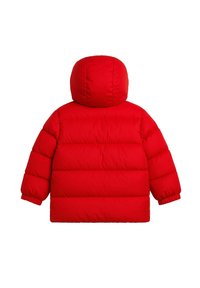 Giacca a vento rossa con cappuccio, caratterizzata da un design trapuntato e polsini elasticizzati. Materiale morbido e isolante garantisce calore e comfort.