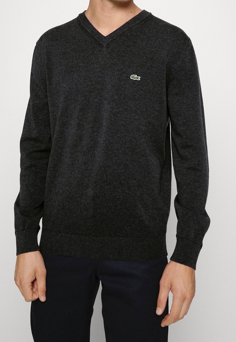 Homme portant un pull gris foncé en V avec un petit logo crocodile vert sur la poitrine gauche et un pantalon noir.