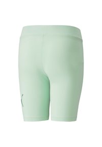 Mátově zelené sportovní kraťasy s hladkou texturou, elastickým páskem a malým tmavým logem na dolní levé straně.