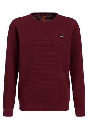 Pull homme bordeaux en maille, col rond, manches longues et petit logo brodé d’oiseau jaune sur la poitrine.