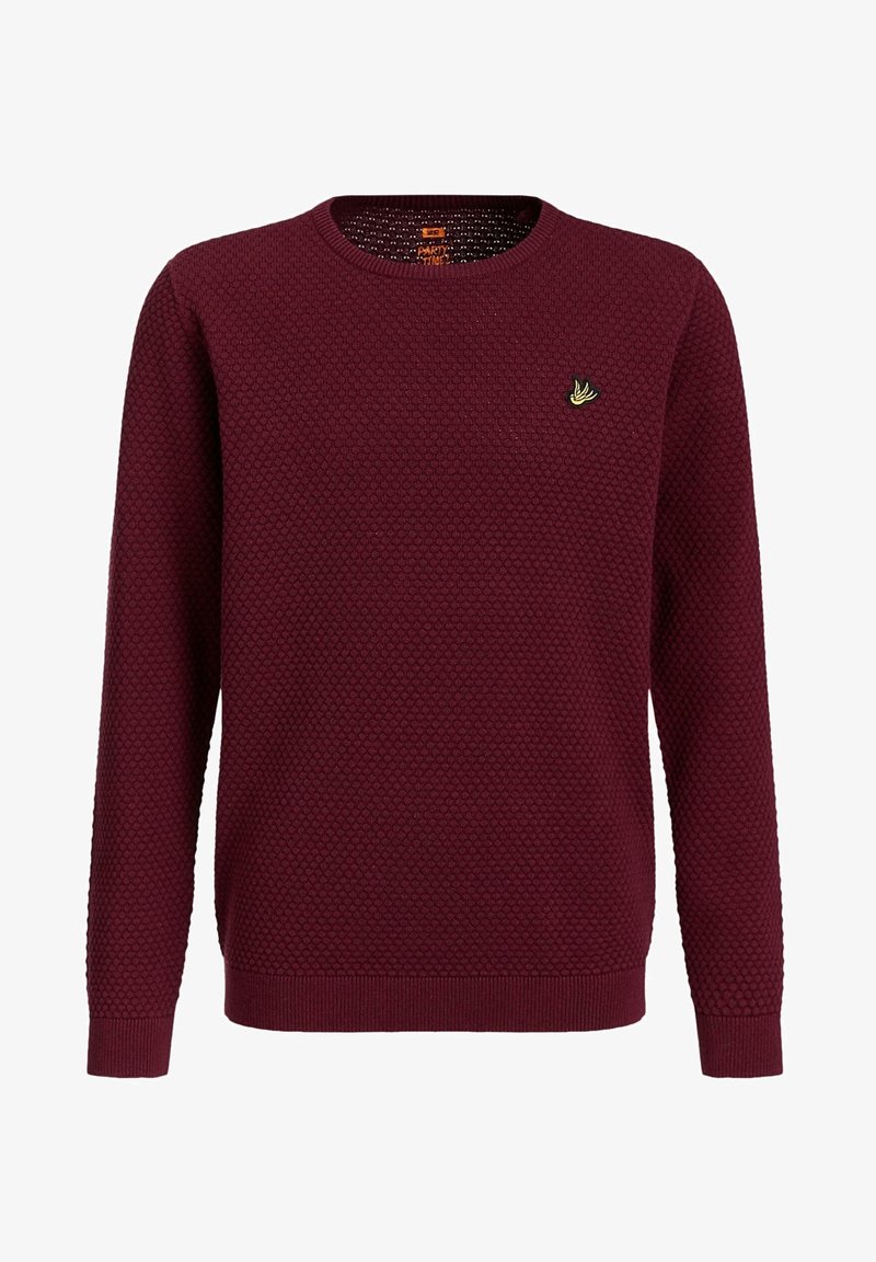 Pull homme bordeaux en maille, col rond, manches longues et petit logo brodé d’oiseau jaune sur la poitrine.