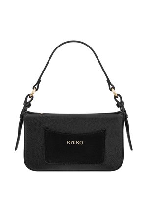 Black textured leather shoulder bag with short strap, front suede pocket, and gold RYLKO logo centered on pocket.