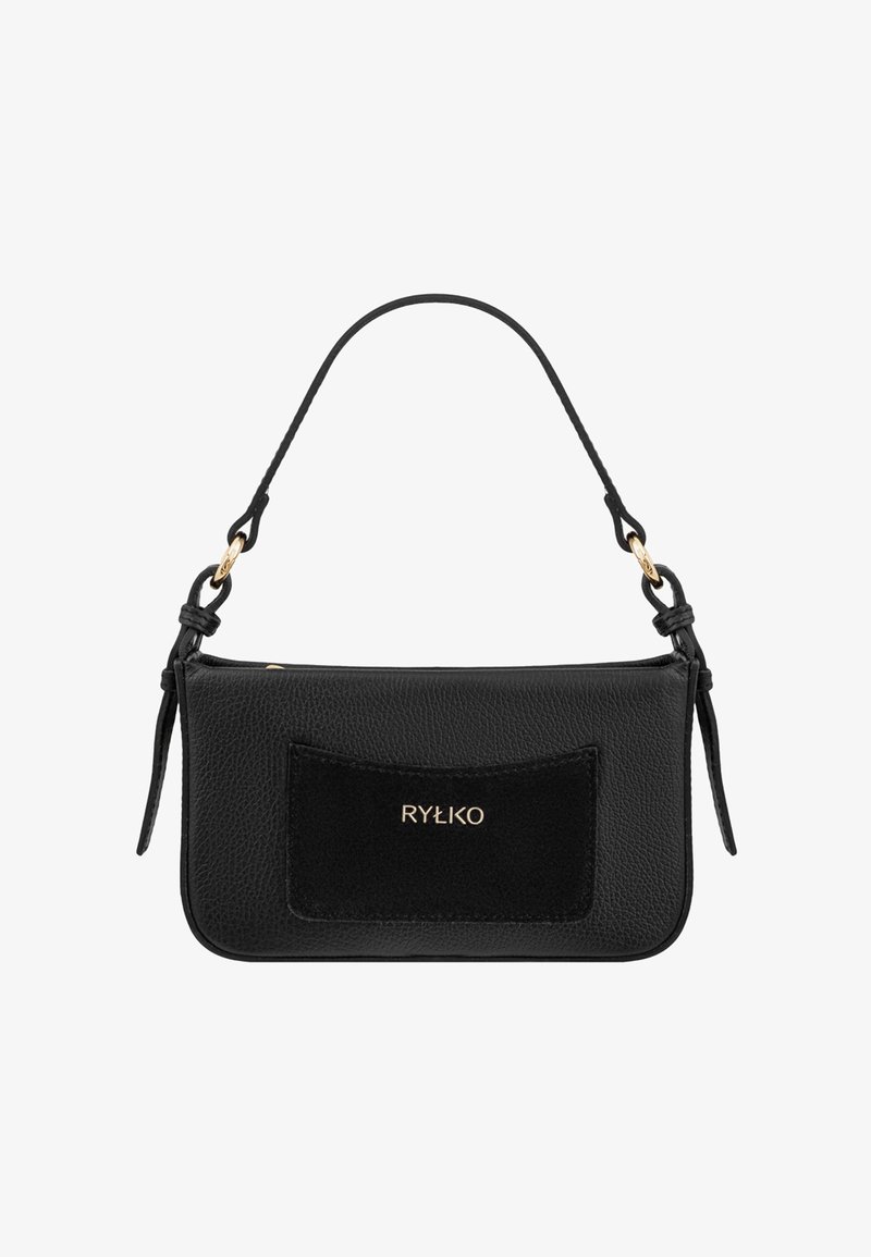 Zwarte gestructureerde leren schoudertas met korte strap, voorzak van suede en goudkleurig RYLKO-logo gecentreerd op de zak.