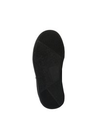 Suola di scarpa nera caratterizzata da un mix di modelli testurizzati, tra cui puntini in rilievo e un'area triangolare liscia per aderenza e trazione.