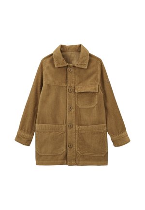 Veste en velours côtelé brun avec un col, fermeture à boutons à l'avant, et deux grandes poches avant. Elle possède une texture côtelée et des manches longues.