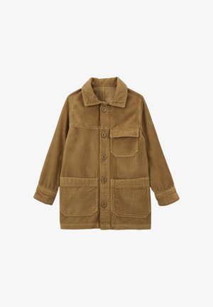 Veste en velours côtelé brun avec un col, fermeture à boutons à l'avant, et deux grandes poches avant. Elle possède une texture côtelée et des manches longues.