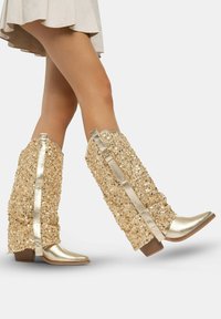 Botas doradas hasta la pantorrilla con parte superior de lentejuelas y acentos metálicos. Con puntera puntiaguda, tacón cuadrado y una correa lateral decorativa.