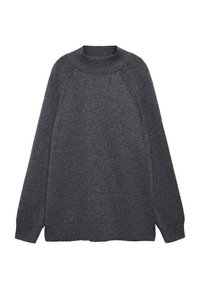 Maglione grigio scuro con scollatura rotonda a costine, maniche lunghe e una morbida trama a maglia. Presenta una vestibilità leggermente ampia e un orlo dritto.