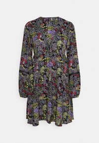 Vestido com padrão floral e mangas longas, apresentando flores roxas, vermelhas e amarelas sobre um fundo preto. Decote em V com costura decorativa.