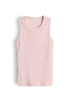 Canottiera rosa chiaro senza maniche a coste con scollo rotondo, distesa su sfondo bianco.