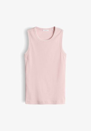 Canottiera rosa chiaro senza maniche a coste con scollo rotondo, distesa su sfondo bianco.