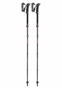 Two adjustable trekking poles with black aluminum shafts, textured rubber grips, and orange accents. Features wrist straps and pointed tips.