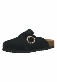 Crne suède slip-on klompe s okruglim metalnim akcentom, korkovom unutrašnjosti i teksturiranom gumenom potplatu. Jednostavan dizajn s udobnim fitom.