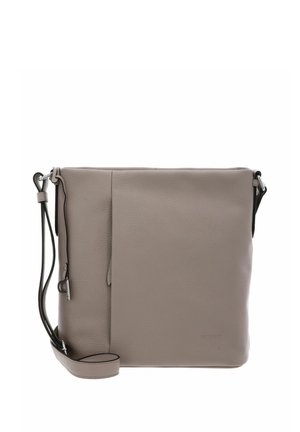 Hellgraue Leder-Crossbodytasche mit verstellbarem Riemen und glatter, strukturierter Oberfläche.