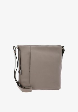 Sac bandoulière en cuir gris clair avec une sangle réglable et une surface lisse et texturée.