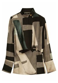 Chemise à manches longues avec col, présentant un motif abstrait de rayures et de taches aux tons noir, crème et vert. Tissu doux au toucher.