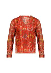 Rode sheer blouse met lange mouwen, met een gele, witte en oranje bloemenprint en subtiele verticale strepen, voorzien van een kleine gerimpelde V-hals.