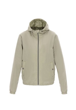 Lichtbeige gewatteerde jas met capuchon, een ritssluiting aan de voorkant, twee zakken met drukknopen en elastische manchetten, getoond op een witte achtergrond.