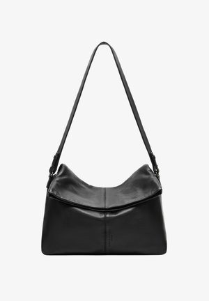 Czarna skórzana torebka o swobodnym fasonie, z płaskim zapięciem i jednym długim paskiem. Gładka faktura z minimalną ilością detali metalowych.