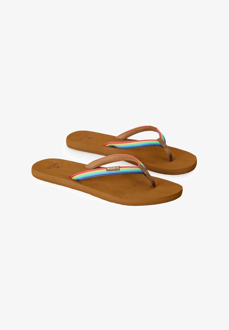 Brune flade flip-flops med regnbuestribede stofremme og en lille "Rip Curl" logo-mærkat på sidebåndene.