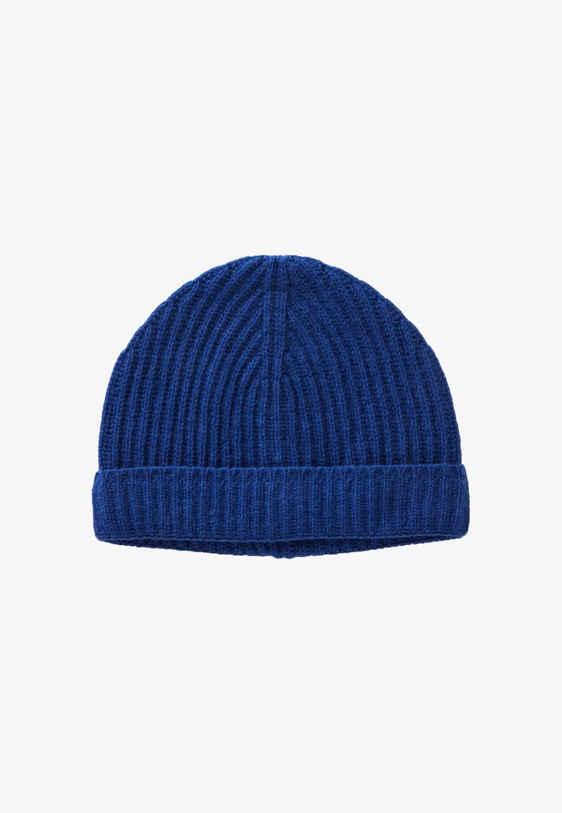 Berretto lavorato a maglia blu con texture a costine, caratterizzato da un risvolto. Realizzato in filato morbido, presenta una cucitura uniforme e un design omogeneo.