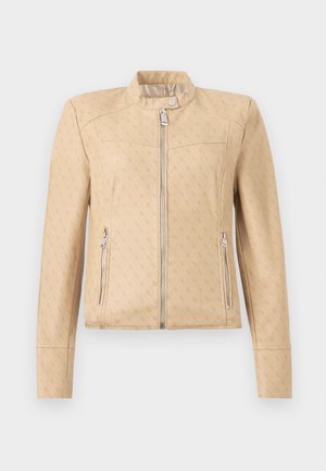 Beige jas met ritssluiting en subtiel all-over monogram, opstaande kraag met drukknoop en ritszakken aan de zijkant.