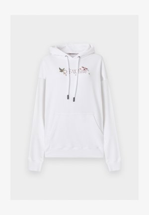Sudadera blanca con capucha, bolsillo delantero, cordones y texto "Off-White" flanqueado por dos pájaros voladores coloridos y pequeñas estrellas sobre el pecho.