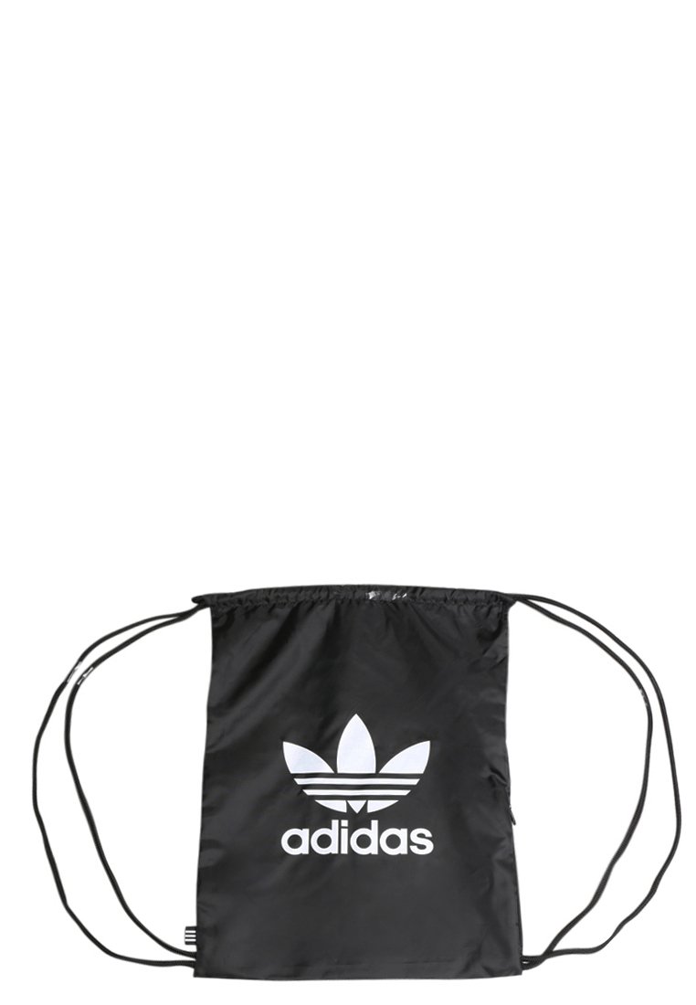 Schwarzer Kordelzugbeutel aus Nylon mit einem weißen Adidas-Trifolio-Logo. Glatte Textur mit verstellbaren Kordelriemen.