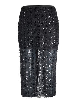 Jupe midi noire avec la moitié inférieure en tissu transparent, décorée de sequins floraux noirs et une ceinture ajustée.