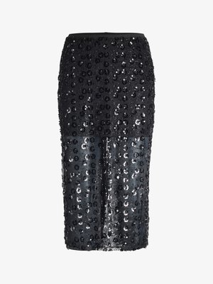 Črna midi krilo s prosojnim spodnjim delom, okrašeno s črnimi cvetličnimi sequini in oprijetim pasom.