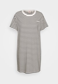 Valkea lyhythihainen mekko, jossa mustia vaakaraitoja ja pyöreä pääntie. Mekossa on pieni rintatasku hienovaraisella tekstikoristeella.