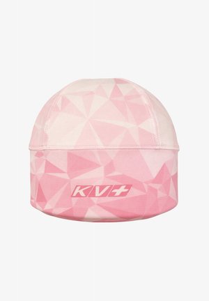 Cappellino da ciclismo rosa con motivo geometrico e logo bianco "KV+" centrato sulla fascia anteriore inferiore, mostrato su sfondo bianco.