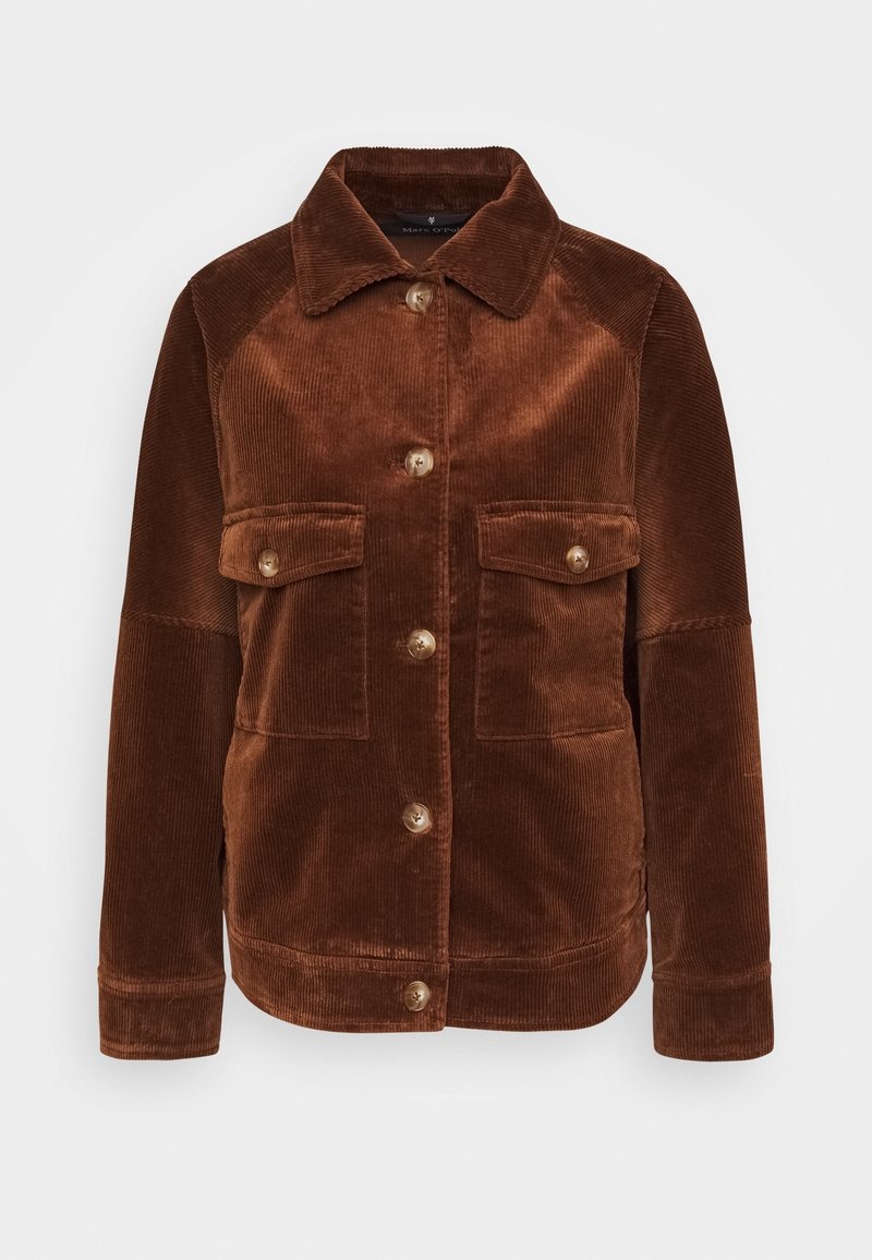 Hnědá manšestrová bunda s límečkem, zapínáním na knoflíky, dvěma předními kapsami a texturovanou tkaninou. Obsahuje knoflíky ve zlatém odstínu a volný střih.