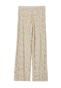 Pantaloni a palazzo in pizzo crema con un motivo floreale, caratterizzati da una finitura trasparente e testurizzata e tasche posteriori. Senza chiusure o dettagli visibili.