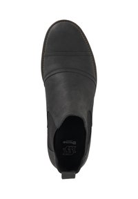 Black chelsea boot with smooth leather upper, elastic side panels, and a pull tab at the heel. Features a cushioned insole and durable sole.