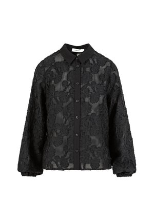 Sort langærmet bluse med knapper, lavet af gennemsigtigt stof med tekstureret blomsterbroderi, med en ensfarvet krave og manchetter.