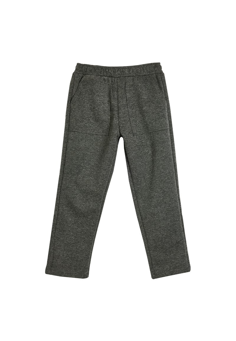 Pantalones de chándal gris oscuro, fabricados en un tejido suave, con una cintura elástica y dos bolsillos laterales, con un diseño de pierna recta.