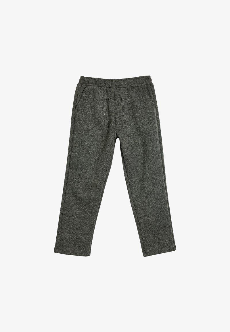 Pantalones de chándal gris oscuro, fabricados en un tejido suave, con una cintura elástica y dos bolsillos laterales, con un diseño de pierna recta.