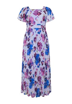 Blomstret kjole med korte flagrende ærmer, firkantet halsudskæring, tætsiddende talje og plisseret nederdel i nuancer af lilla, pink og blå på hvid baggrund.