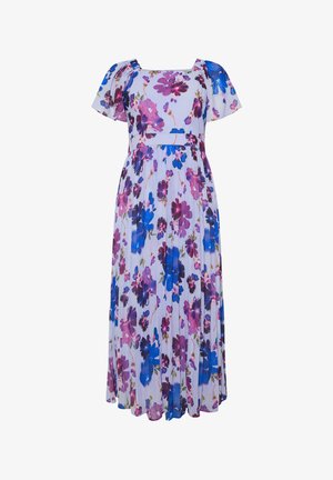 Florales Kleid mit kurzen Flügelärmeln, eckigem Ausschnitt, tailliertem Bund und plissiertem Rock in verschiedenen Schattierungen von Lila, Pink und Blau auf weißem Hintergrund.