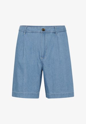 Hellblaue Denim-Shorts mit klassischem Schnitt, ausgestattet mit einem Frontknopfverschluss, gesteppten Falten und umgeschlagenen Säumen.