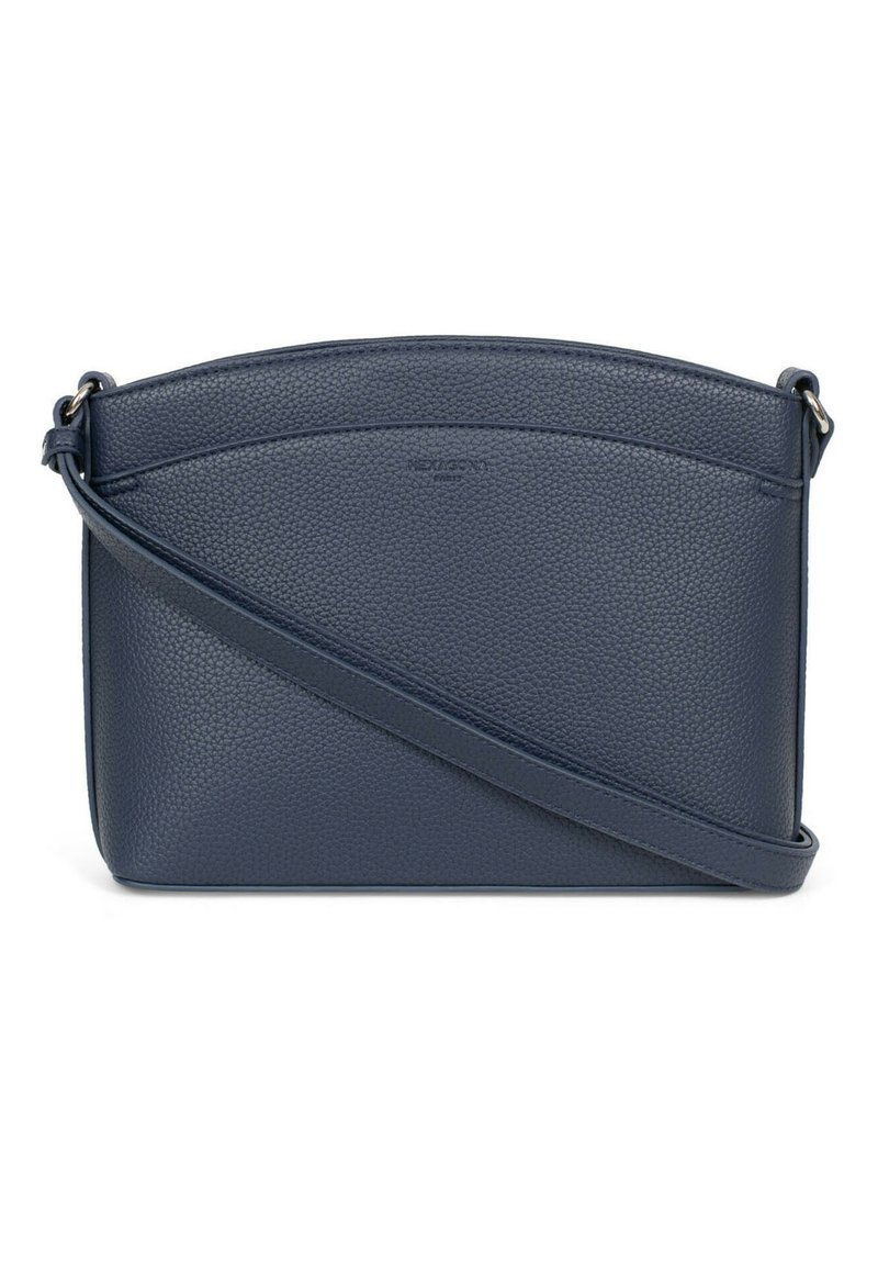 Borsa a tracolla in pelle blu navy con finitura testurizzata, parte superiore arrotondata e tracolla regolabile. Presenta un marchio in rilievo sul davanti.