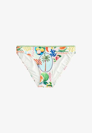 Női bikini alsó színes gyümölcs- és pálmafalevél mintával, zöld kockás szegéllyel a derékpántnál.