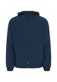Veste légère bleu marine avec capuche, poignets élastiques et fermeture éclair devant. Texture lisse avec un design minimal et sans motifs visibles.