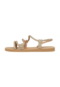 Sandali piatti glitterati oro con suola flessibile color tan. Presentano design di cinturini intricati per una vestibilità sicura e una soletta testurizzata per il comfort.