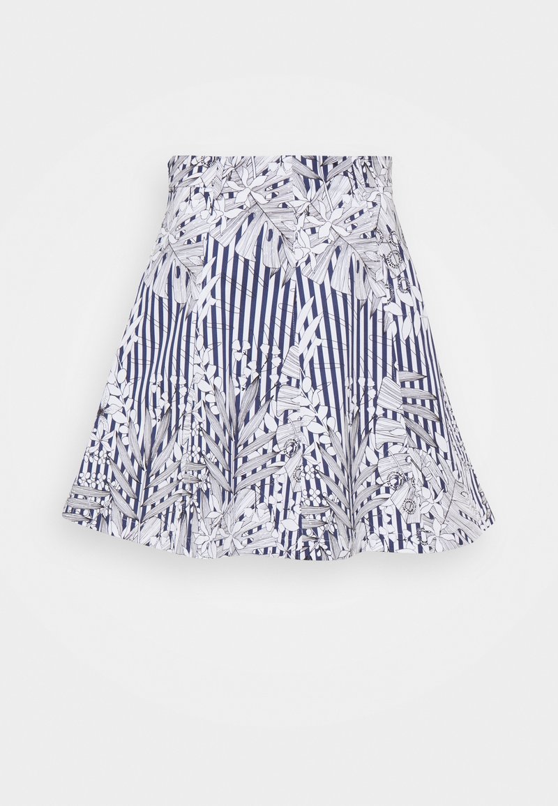 Jupe évasée avec des rayures verticales bleu marine et blanches et un motif floral et feuillu blanc complexe.