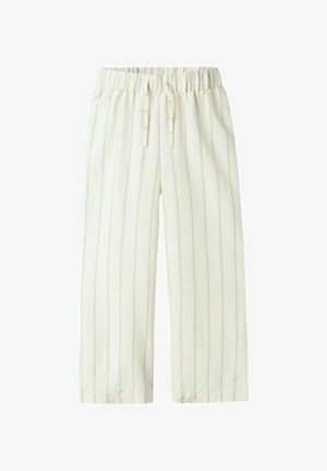 Pantalons larges rayés vert clair et blanc avec une taille élastique et un cordon de serrage. Le tissu semble doux avec une finition texturée.