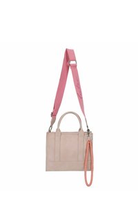 Lichtroze leren handtas met bovenhandgrepen en een afneembare, verstelbare roze schouderband. Kenmerkt zich door een ronde sleutelhanger met een koraalkleurige accenta.